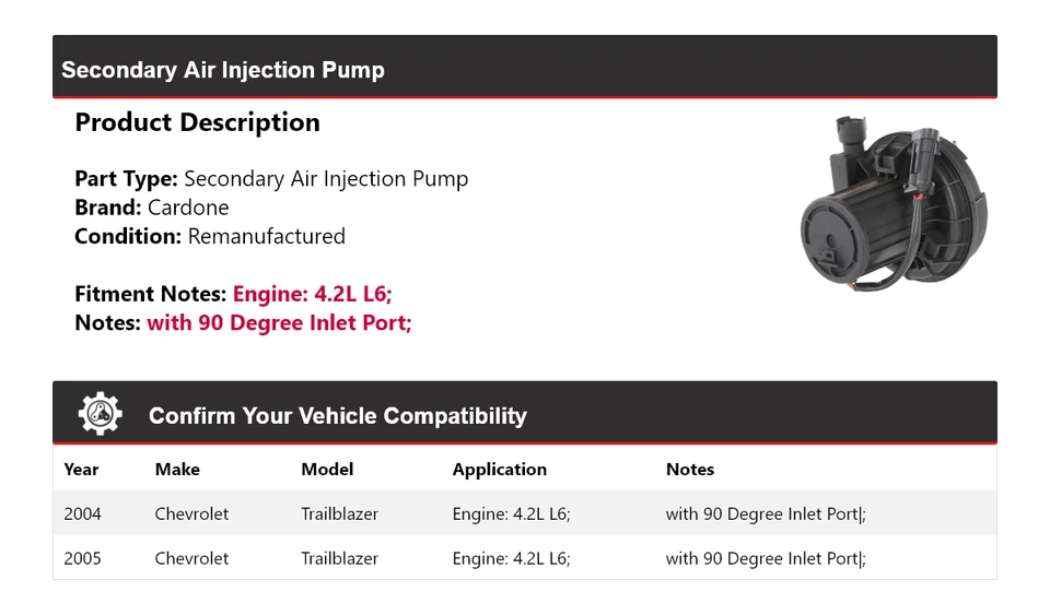 适用于 2004 - 2005 雪佛兰 Trailblazer 4.2L L6 二次喷气泵 Cardone — 第 2/4 张图片