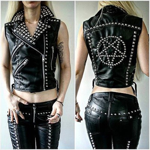 New Custom Punk Studded Bomber Black Leather Vest for Women,women sale - Picture 2 of 4