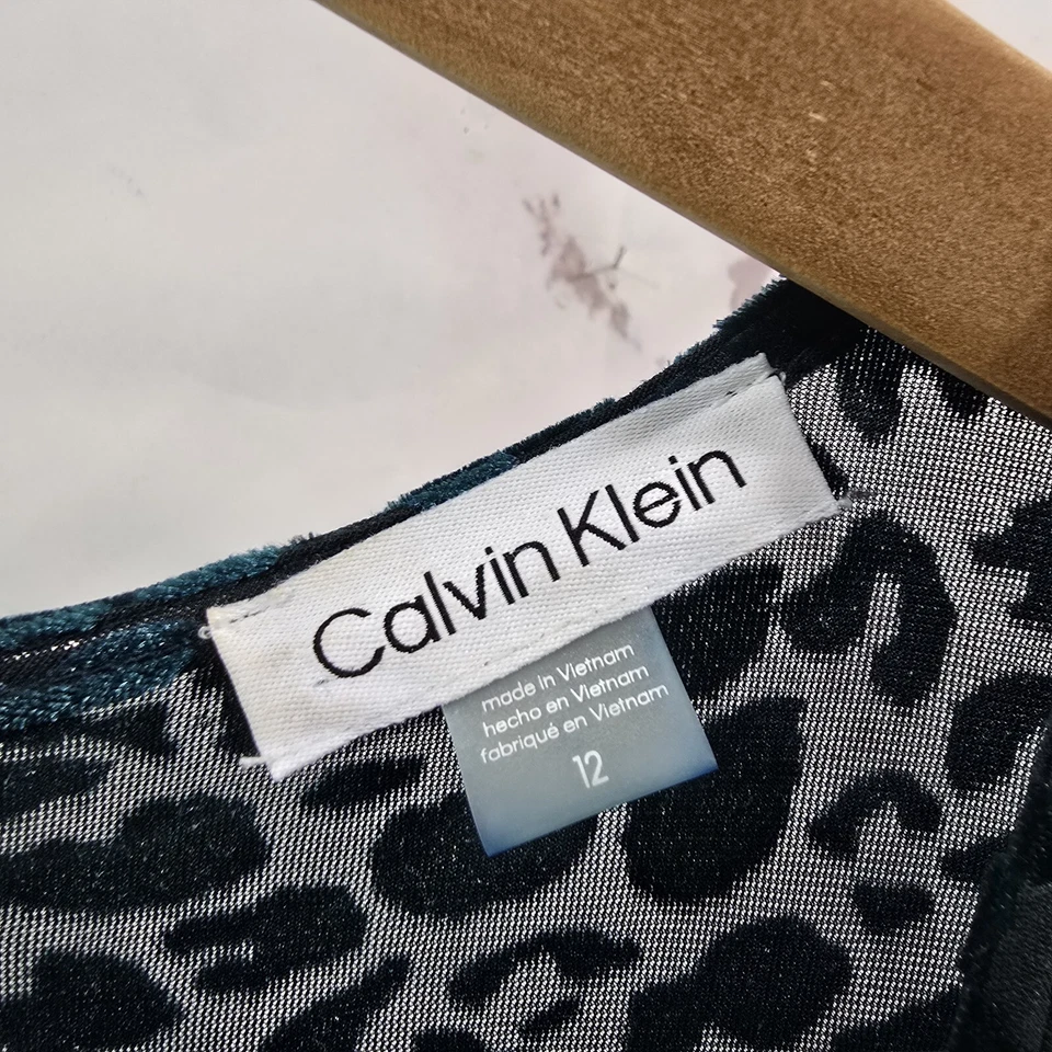 Calvin Klein Dress Women 12 Large Green Leopard Velvet Ruffle V Neck Long Midi - Image 3 of 4