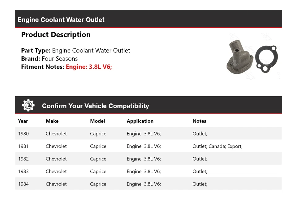 Salida de agua refrigerante motor V6 3,8 L para Chevrolet Caprice 1980-1984 4 estaciones Foto 2 de 4