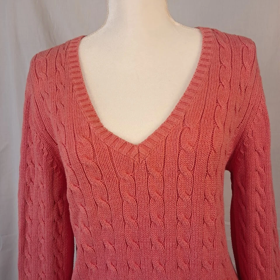 Suéter TOMMY HILFIGER 100 % Algodón Grueso Tejido con Cable Cuello en V Coral XL Foto 2 de 4