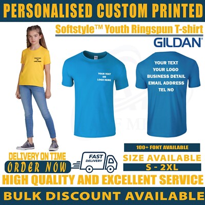 Personalisiert Maßarbeit Gildan Softstyle Jugend Ringspun T Text Logo GD01B