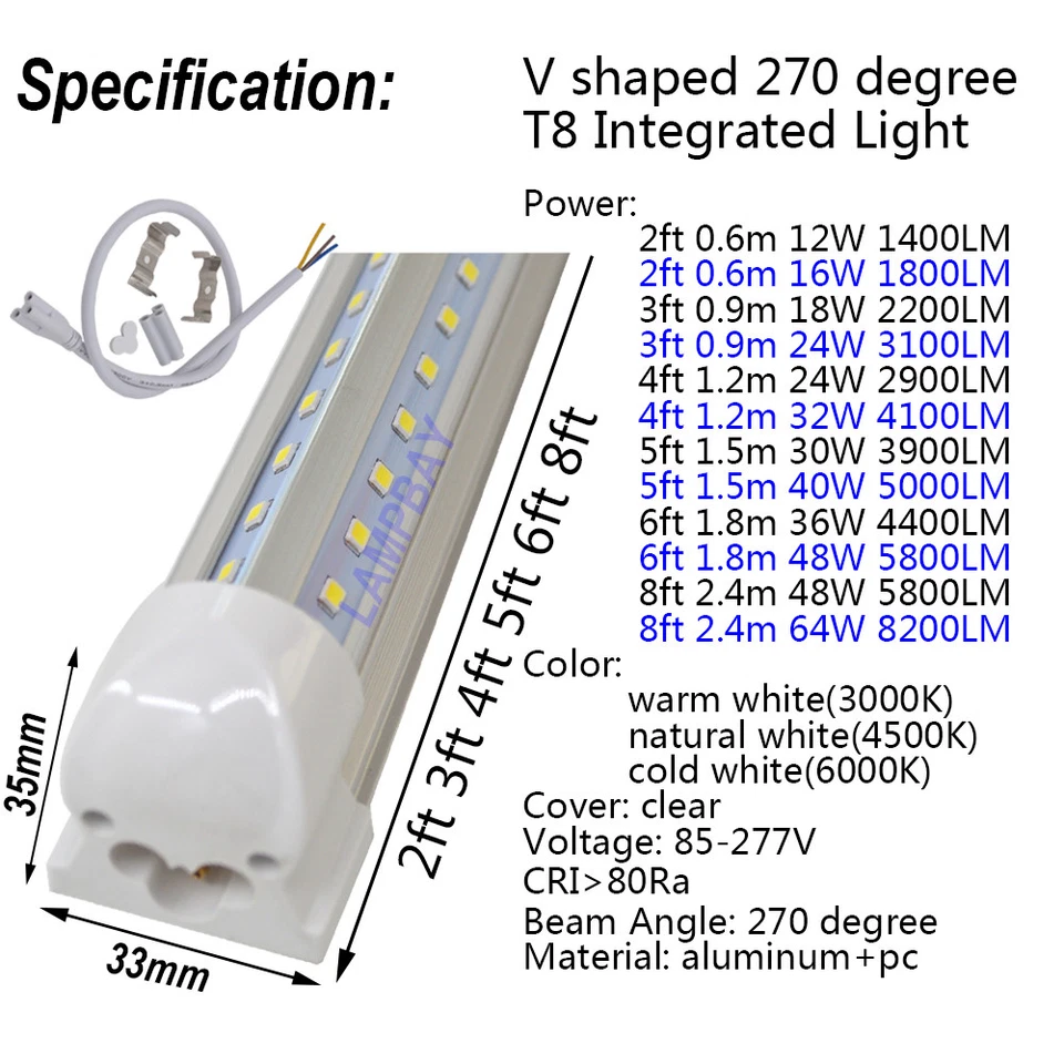 LED Tube Lights V shaped 2ft 3ft 4ft 5ft 6ft 8ft Bar Lamp T8 Integrated Fixture - Image 2 of 4