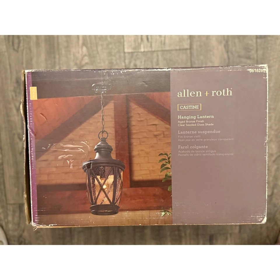 NUEVO Allen & Roth 17" Castino Bronce Frotado Colgante Luz Vidrio Semillado Exterior Foto 4 de 4