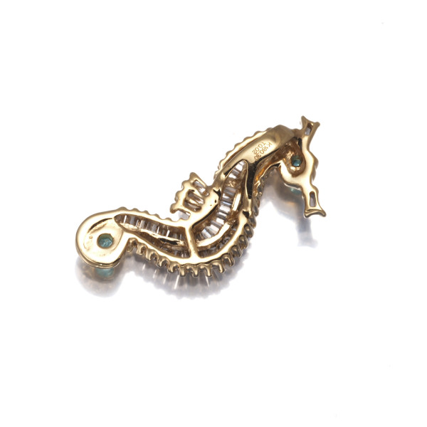 Diamond 0.30ct Paraiba Tourmaline 0.02ct Seahorse Pendant 18K 750 Yellow Gold 