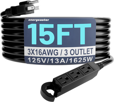 16/3 15 Ft 3 Outlet Extension Cord Outdoor Waterproof, Black Extension Cords wit