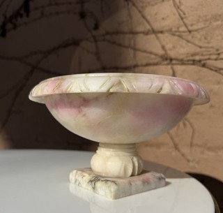 Vintage Hand Carved Pink Alabaster Birdbath Bowl Without Birds