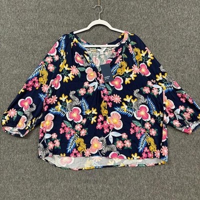 Crown & Ivy Peasant Top Womens 2XL Navy Wild Animal Floral Stretch Blouse - NEW
