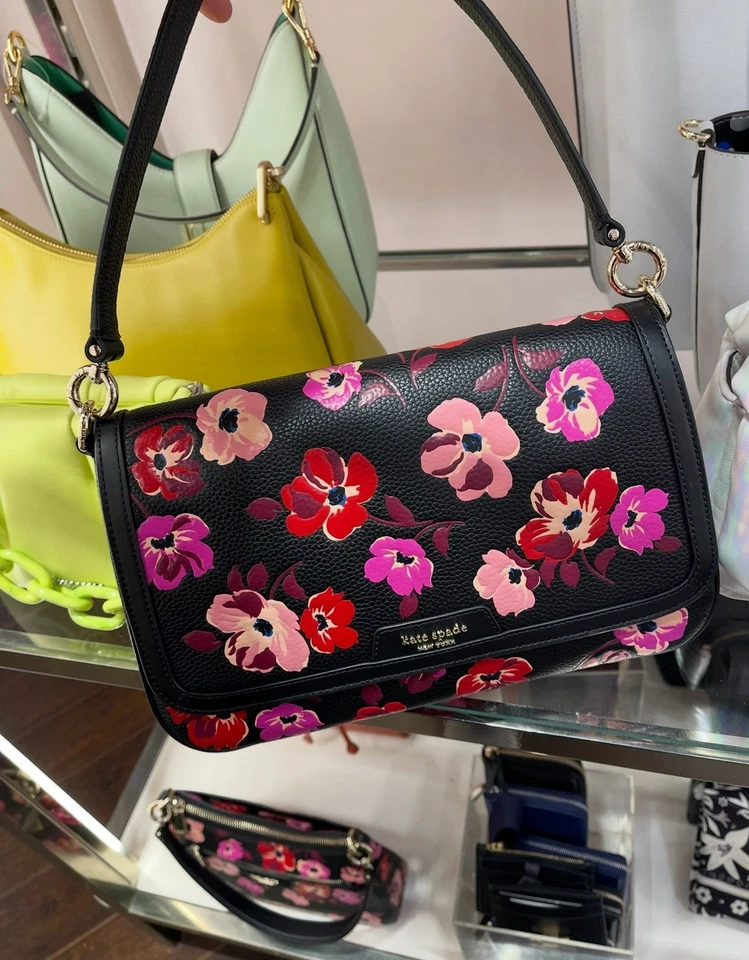 Bolsa de ombro nova com etiquetas Kate Spade Hudson Fall Poppies aba bolsa de mão preta KI634 - Imagem 2 de 4