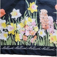 Vintage 50s Scarf Handkerchief Tulips Black Floral Spring Botanical Holland Gold