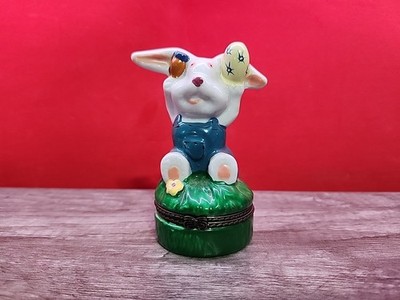 Ceramic Hinged Lid Blue Overalls Easter Bunny Rabbit Carrot Egg Trinket Box
