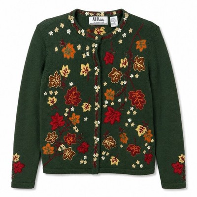 Vintage 90s All Points Cardigan Green Embroidered Fall Leaves Cottagecore Thanks