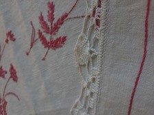 Vintage 34" X 35" Embroidered Tablecloth/Table Topper w/ 3/4" cotton Lace Edge