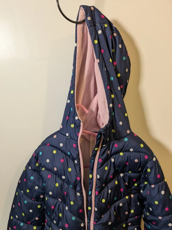 Faded Glory Winter Blue Jacket with Polka Dots, hood, fur lining Girls Size 4-5 - Image 4 of 4