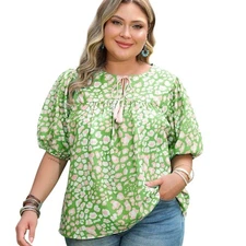 Boutique Pink Green Plus Size Floral Tassel Tie Puff Sleeve Blouse Top Size 3X