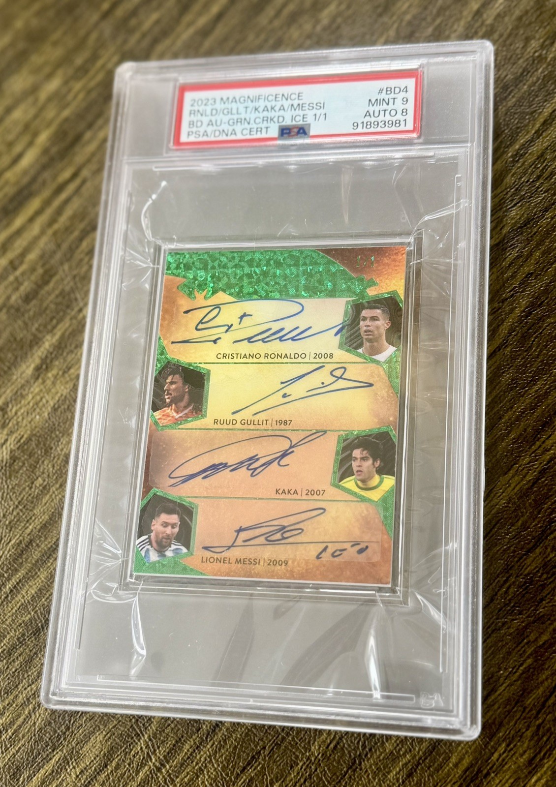 2023 Leaf Magnificence 1/1 Cracked Ice Quad Auto Ronaldo Messi Kaka Gullit PSA 9