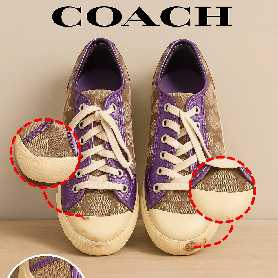 Zapatillas Coach Zorra A1412 Logo 8.5 Marrón Lona Púrpura Lentejuelas Ribete Envejecido Foto 4 de 4