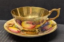 Aynsley Orchard Fruit Gold Tea Cup & Saucer Bone China England Signed Brunt C746