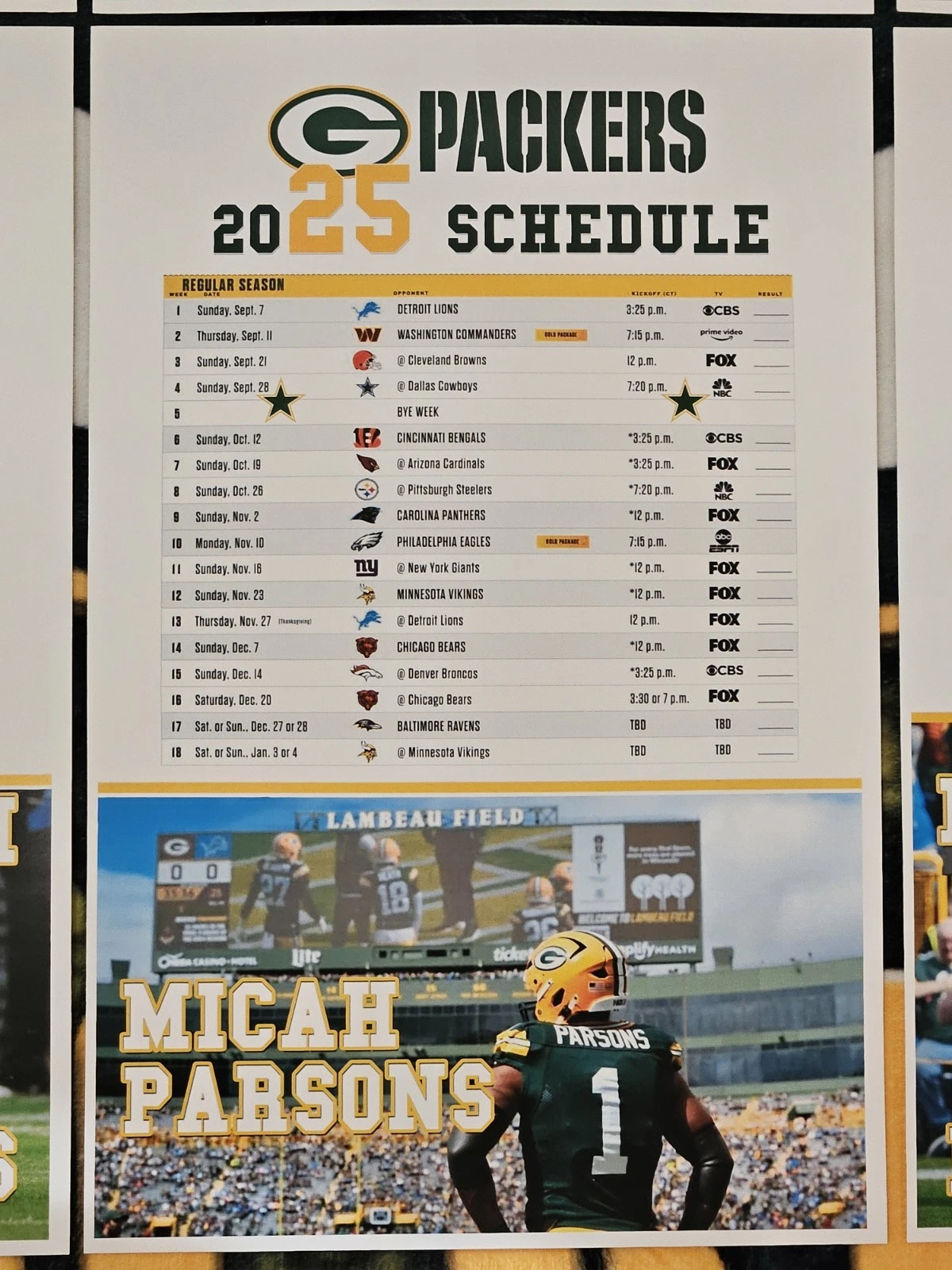 Micah Parsons 2025 Green Bay Packers Poster Schedule