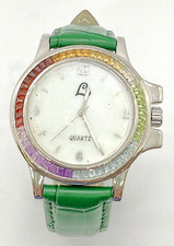 HSN Colleen Lopez Multi-Gemstone Of Pearl Green Leather Strap Watch