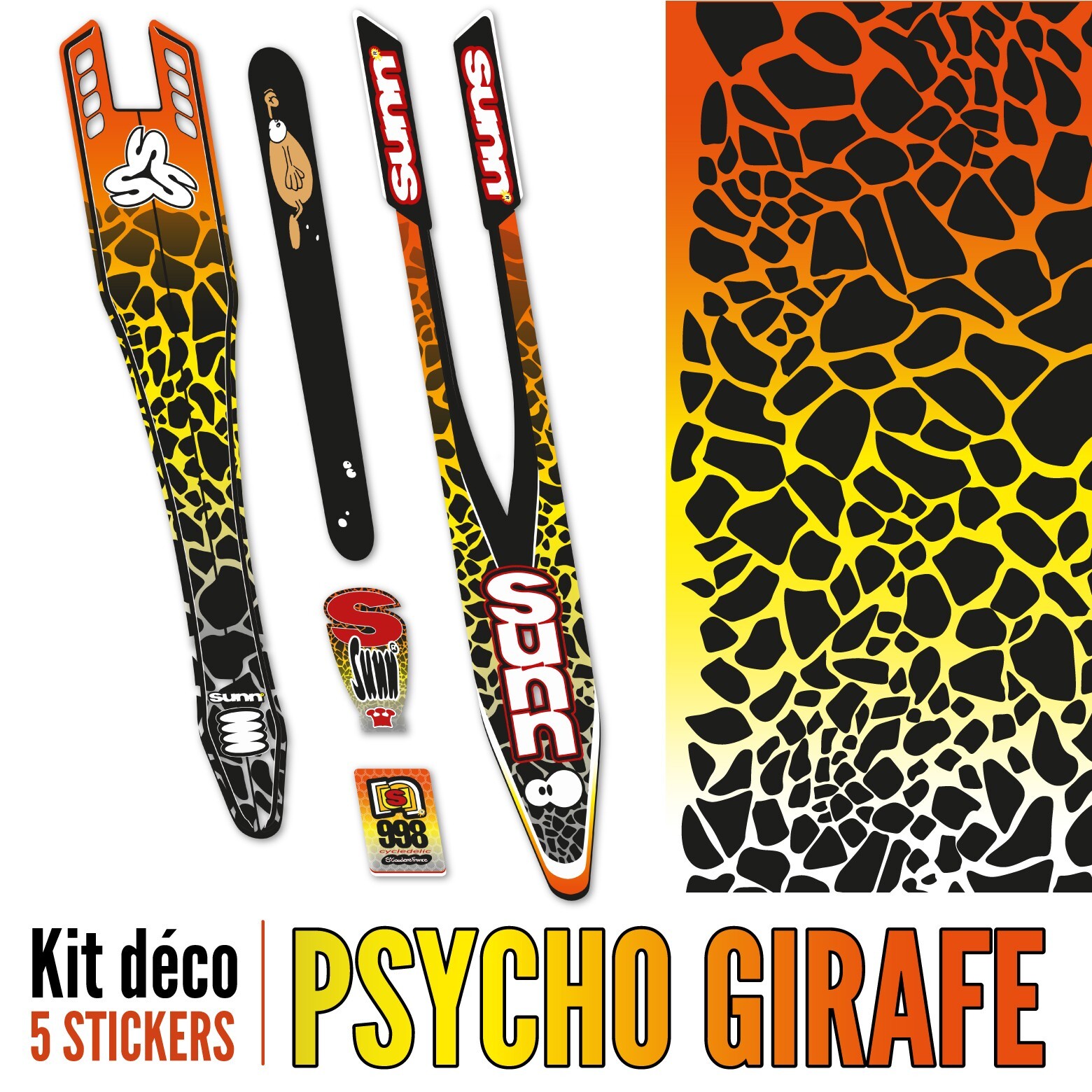 Kit déco SUNN VTT vintage Psycho Girafe autocollants en vinyle noir et jaune pour cadre de vélo
