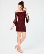 Teeze Me Juniors Off The Shoulder Sequined Lace Dress, Wine, US 3 / UK 6, BNWT
