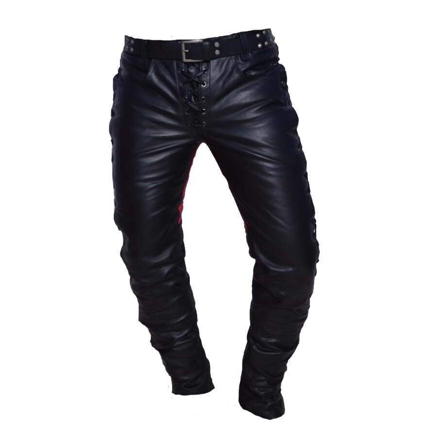 Men's Real Leather Bikers Pants Side And Front Laces Up Contrast ...