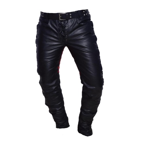 Pantalones de cuero real para motociclistas para hombre con cordones laterales y delanteros de contraste - Imagen 3 de 4