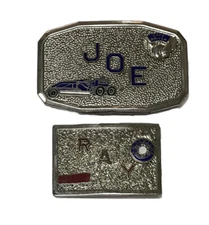 HOOK FAST SILVER PLATE SAFE DRIVER TRUCKING BELT BUCKLES ENAMELED JOE & RAY NAME