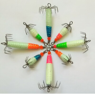 8PCs Squid Jig - 2/3oz and 1/4oz with 4 color, super glow in dark (WA, MA, FL )