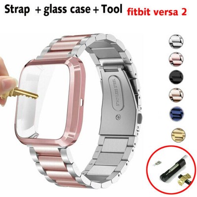  Metal Stainless Steel Watch Band Strap+Full Protector Case For Fitbit Versa 2