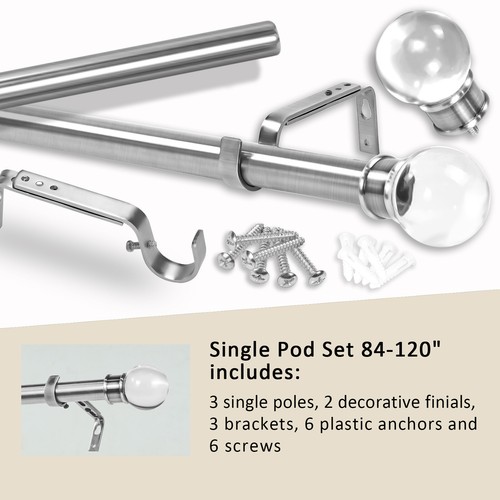1" Crystal Ball Adjustable Single Drapery Curtain Rod, 28"-48"/48"-84"/84"-120" - Picture 41 of 51
