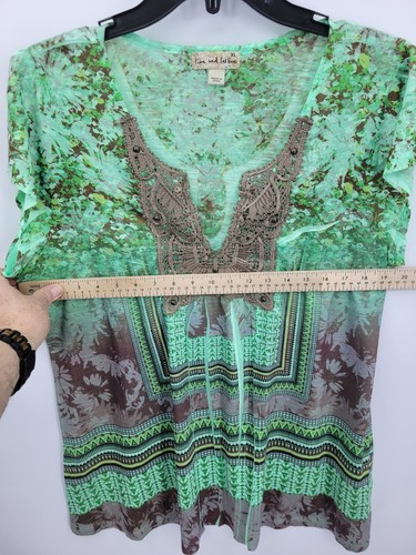 Let and Let Live Top Womens XL Green Artsy Boho Lace Trim Bell Sleeve Knit - Picture 8 of 10