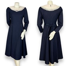 Vintage Victorian Dress Lolita Lace Collar Navy Blue Bow Back Whimsigoth Pockets