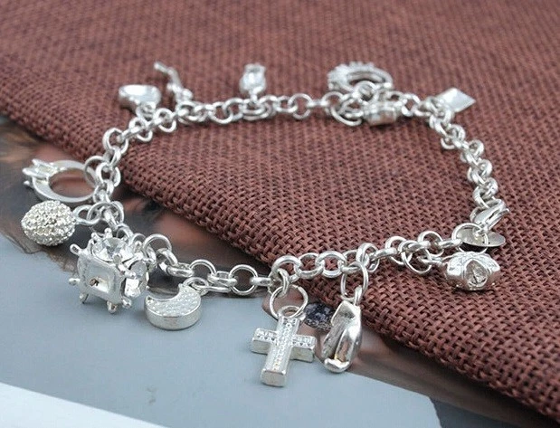 Bracciale Amore Cuore Donna Placcato in Argento 925 con 13 Charms Moda Stile - Immagine 2 di 3