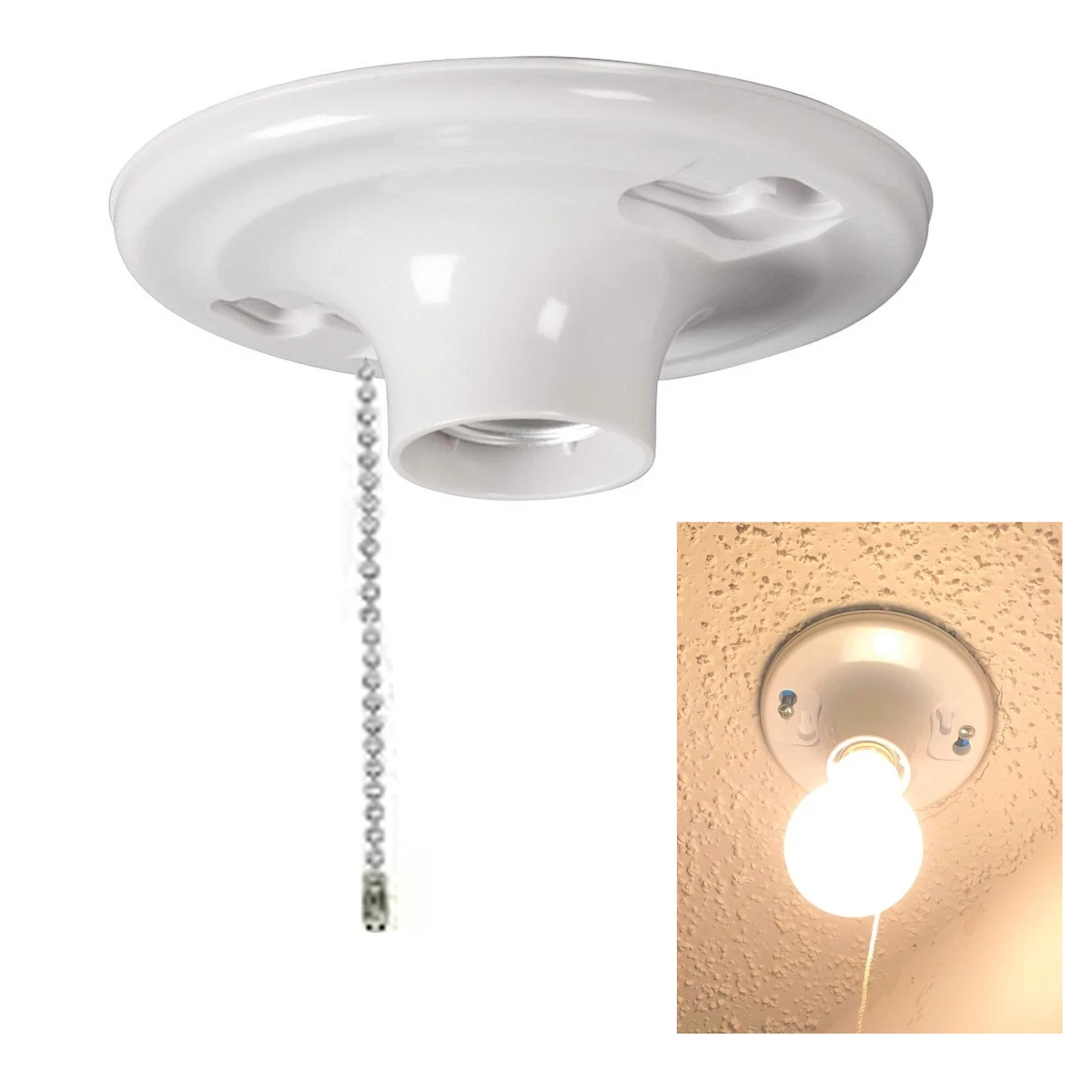 1 Ceiling Mount Light Bulb Socket Lamp Holder Pull Chain Fixture Fit Medium Base