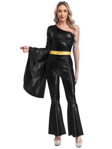 Damen Disco Hippie Kostüm glänzend Metallic Glockenboden Ganzkörper Overall - Bild 59 von 81