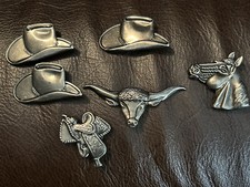 6 VINTAGE METAL COWBOY/WESTERN MOTIF BUTTON COVERS B1