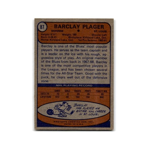 1974 Topps Barclay Plager St. Louis Blues #87 - Picture 2 of 3