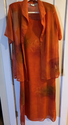 IFI Tangerine Color L Art to Wear Graphic Long Maxi Dress Sleeveless w Sheer Top