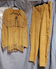 Vtg Mid Western Sport Togs, Tan Deer Skin Fringe Outfit Coat Sz 42 Pant Size 34