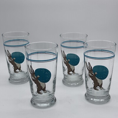Libby World Market Easter Egg Bunny Rabbit Drinking Glasses 4 Tumblers Teal Blue