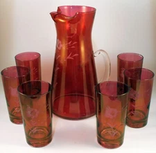 Vintage Federal Glass Cranberry Red Etched Floral Pitcher And 6 Glasses Set