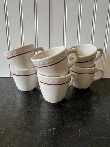 6 Syracuse China Restaurant Ware 1959 Red Stripe Econo-Rim Coffee Cups 3" EUC