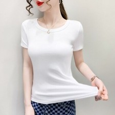 Women Short Sleeve Shirt Ribbed Tee Round Neck Blouse Slim Stretch Undershirt