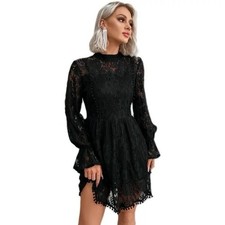 Eilly Bazar Mock Neck Lace Little Black Dress Flounce Sleeve Lace Dress XS