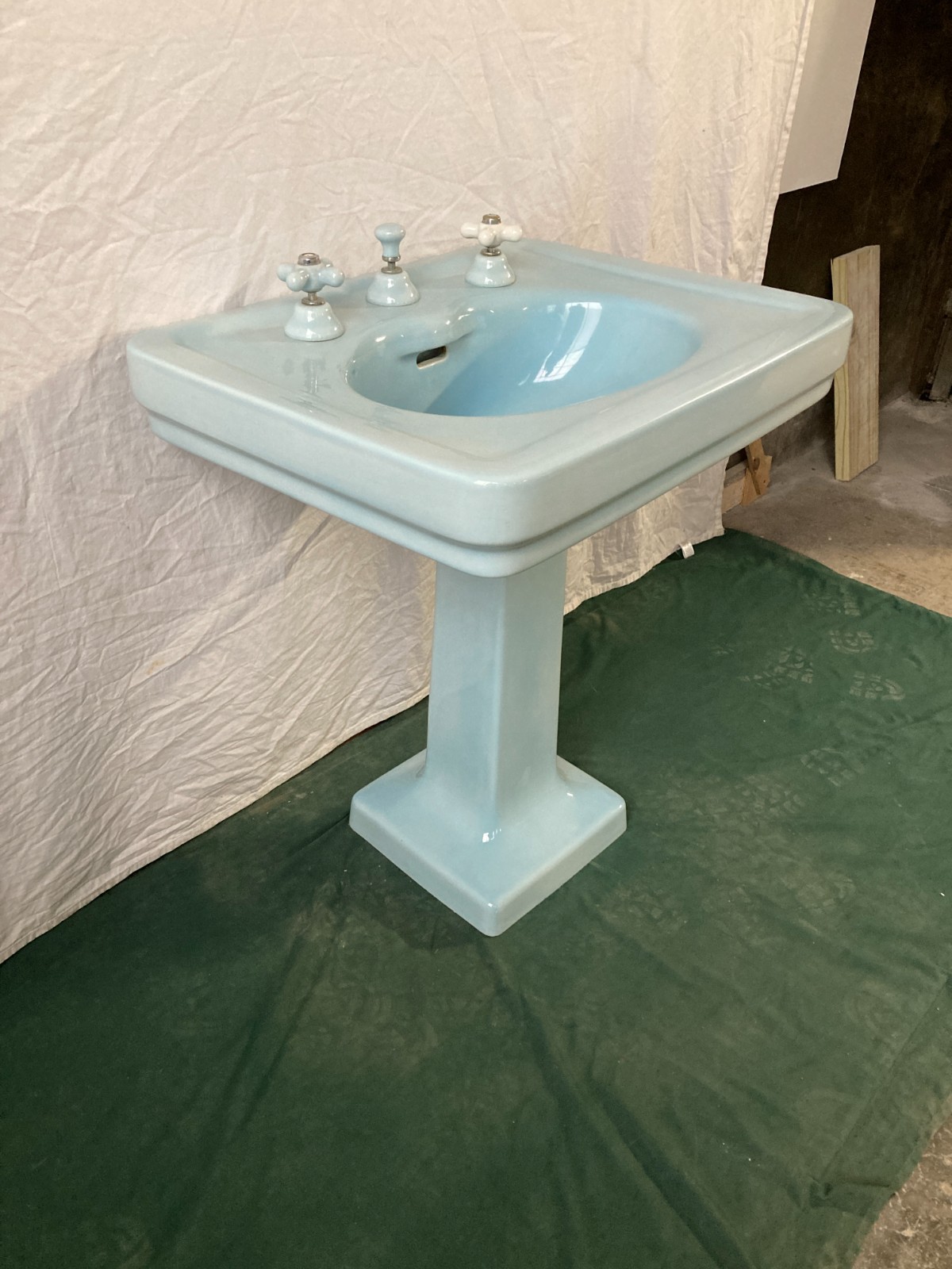 Antique 28x22 Light Blue Ceramic Pedestal Sink Old Vtg Standard 422-25E
