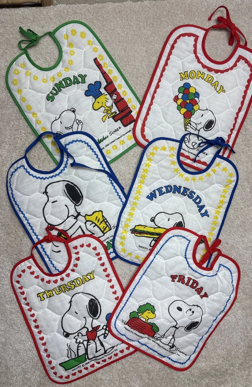 Vintage Peanuts SNOOPY Bibs Quilted Fabric 7 Days of Week Unfinished