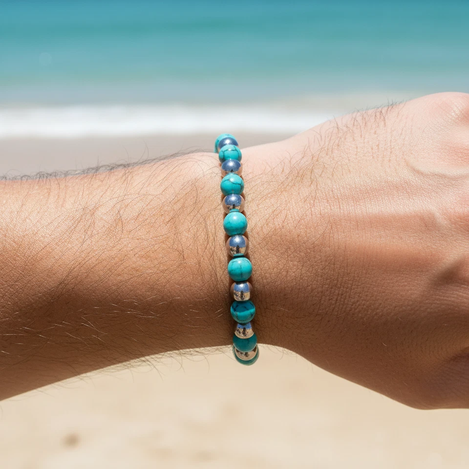 Bracciale Turchese pietre dure perle argento in Acciaio Uomo Donna braccialetto - Immagine 2 di 4