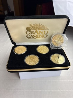 Grand Casino Collector Coin/Tokens Set Of 5 Goldtone Animal Series In Case